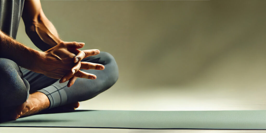 A man sitting in sukhasana pose preparing for seated meditation in his first yoga class